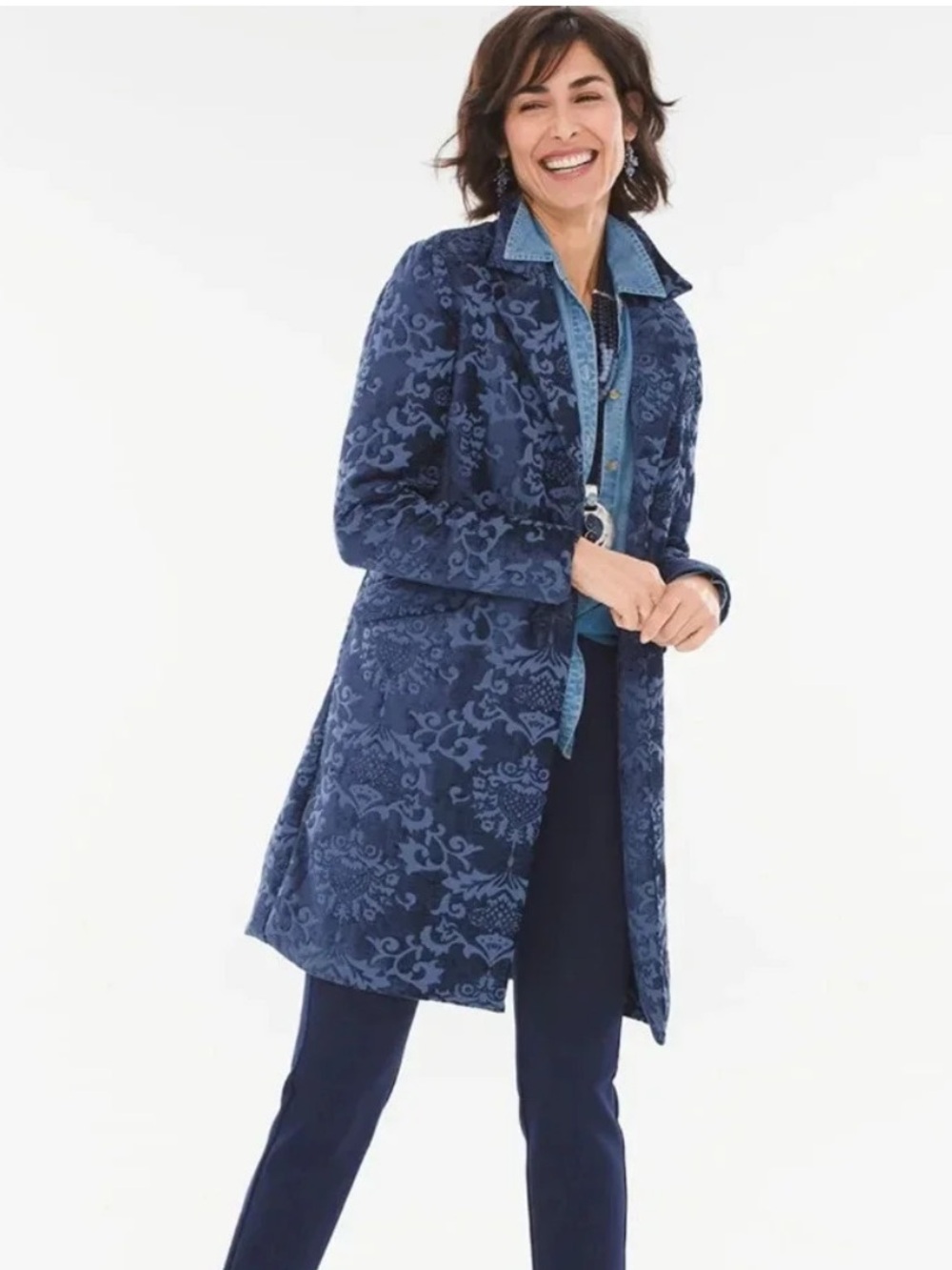 Chicos blue jacquard tapestry 3/4 jacket